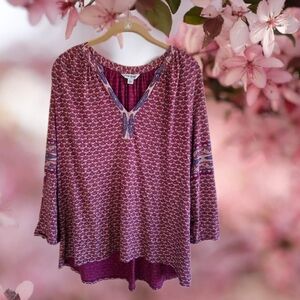 LUCKY BRAND Knit V-neck Contrast Versatile Boho Peasant Top Great with Jeans! L